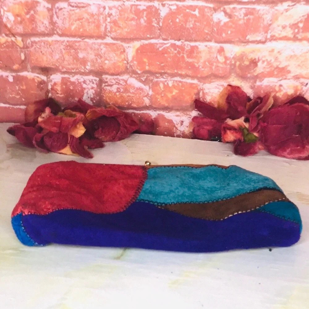 Vintage 70s Colorful Patchwork Kiss-lock Suede Clutch